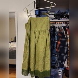 Main Strip Embroidered Floral Army Green Fringe Festival Dress Large